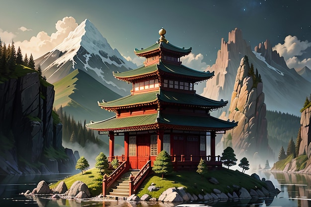 Padiglione in stile architettonico cinese costruito sulla cima di un'illustrazione di sfondo di carta da parati di montagna
