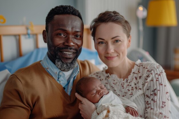 Padre africano e madre caucasica che si prendono cura del suo neonato in camera d'ospedale dopo il parto concetto di famiglia ar 32 stile crudo stilizzare 250 ID di lavoro dd98d63c9a8442538e589f10e8fd9626