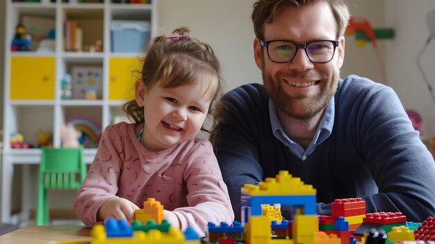 Padre allegro che gioca con la figlia usando blocchi colorati a casa tempo di legame familiare concetto creativo di tempo di gioco AI