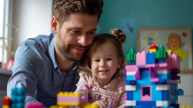 Padre amorevole che gioca con la figlia usando blocchi colorati tempo di legame familiare tempo di gioco creativo con i giocattoli a casa momento parentale gioioso catturato AI