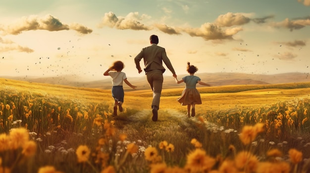 padre che corre con i suoi figli attraverso un infinito