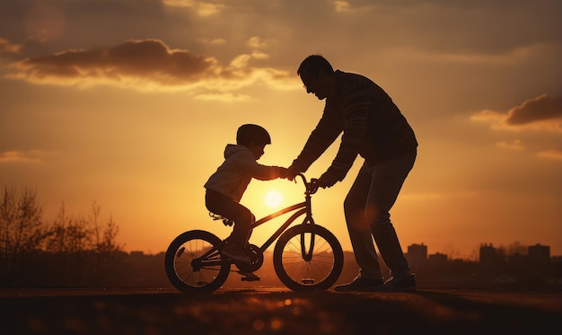 Padre che insegna a suo figlio a guidare una bicicletta in silhouette al tramonto nel concetto di famiglia e Giornata dei bambini