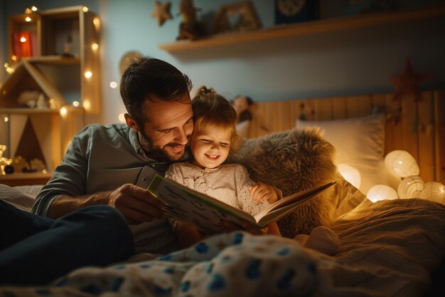 padre che legge una storia a suo figlio di notte sullo sfondo in stile bokeh