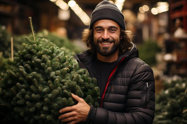 padre che porta l'albero di Natale sempreverde dal mercato a casa sua