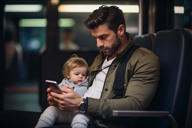 padre che tiene un bambino e guarda il suo cellulare