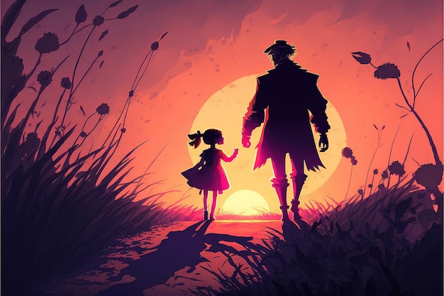 Padre con figlia Silhouette del padre che porta sua figlia fino al tramonto Pittura illustrativa in stile arte digitale