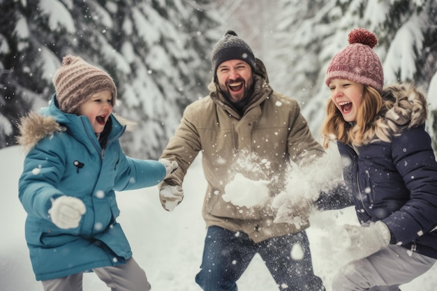 Padre con i suoi figli che combattono con le palle di neve