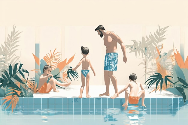 Padre con tre figli sono in una piscina Festa del papà