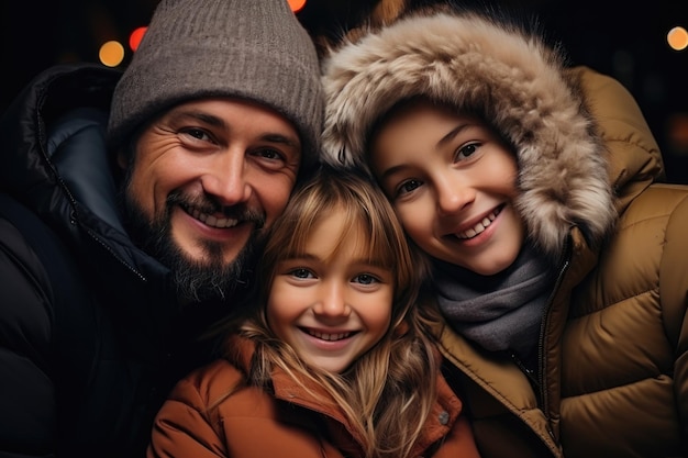 Padre di famiglia felice e due figlie in abiti da inverno