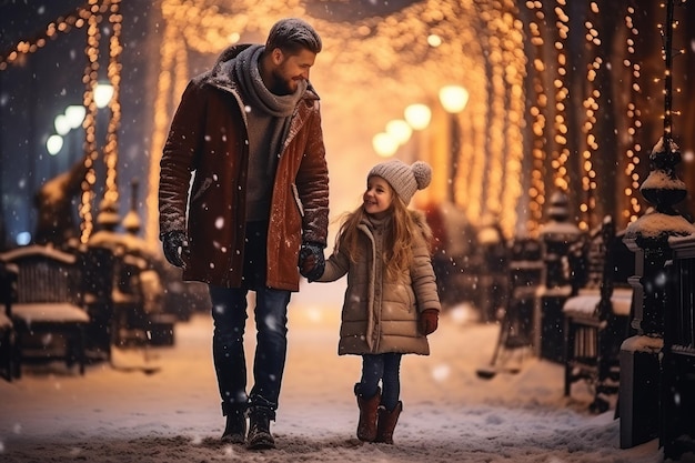 Padre e bella figlia nella neve invernale