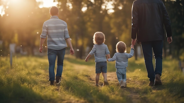 Padre e figli che camminano all'aperto famiglia felice