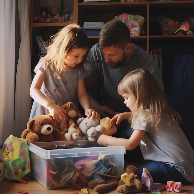 Padre e figli che puliscono i giocattoli a casa