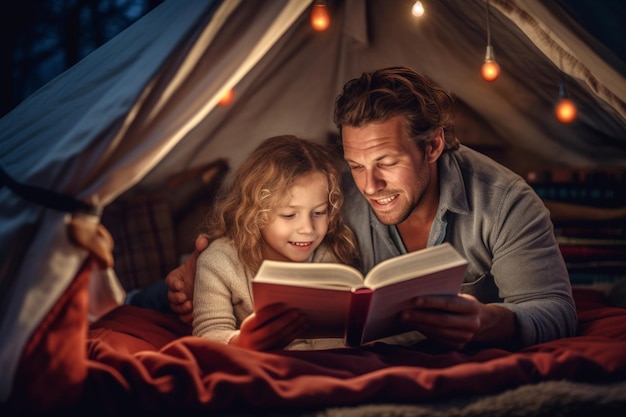 Padre e figli di famiglia felice con intelligenza artificiale generativa che leggono un libro con una torcia elettrica in una tenda a casa