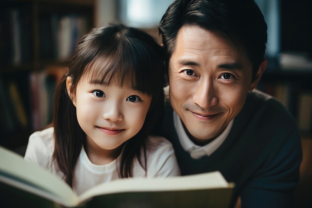 Padre e figlia asiatici che leggono un libro concetto di fare i compiti con i genitori