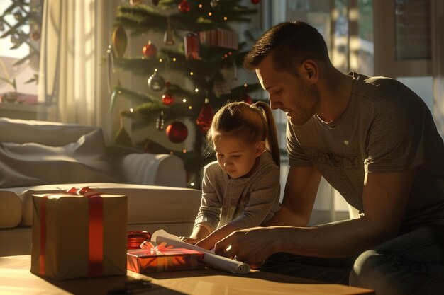 Padre e figlia che avvolgono regali insieme