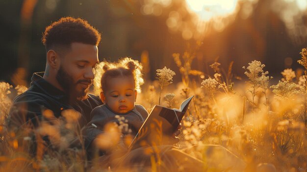 Padre e figlia che si godono un libro all'aperto il giorno dei padri