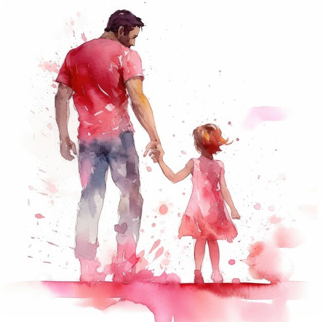 Padre e figlia con spruzzi di acquerello su sfondo bianco