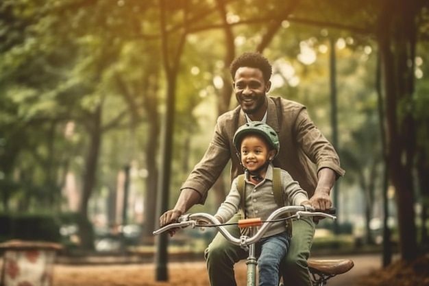 Padre e figlia felici in bicicletta nel parco autunnale in una giornata di sole AI generativa