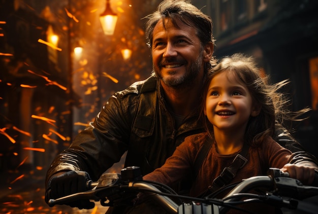 Padre e figlia in moto attraverso la città in fiamme