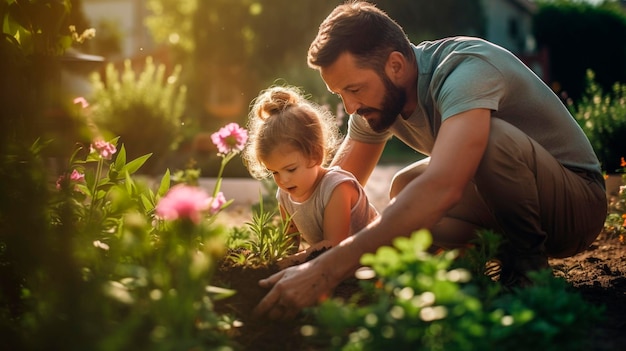 Padre e figlia piantano fiori in giardino AI generativa Natura
