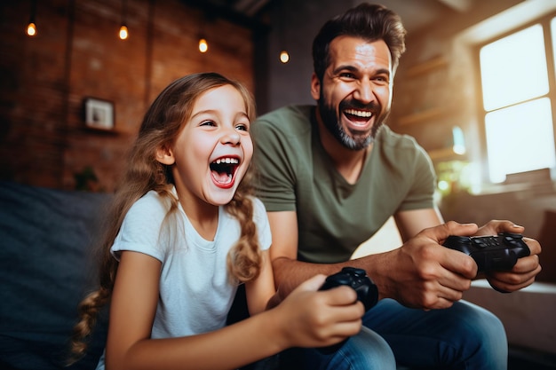 Padre e figlia ridono e giocano insieme ai videogiochi IA generativa