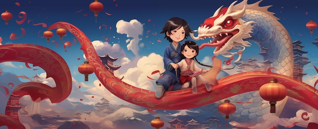 Padre e figlia seduti su un drago cinese volante e lanterne rosse generative ai
