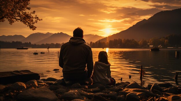 Padre e figlia seduti sulla riva del lago al tramonto Concetto di amichevole famiglia generativa ai