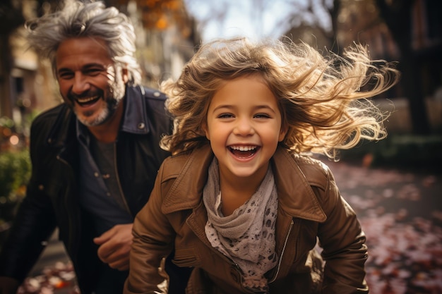 Padre e figlia si divertono al parco in autunno