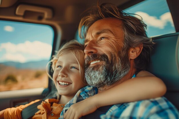 Padre e figlia sorridenti si godono insieme di un giro in auto illuminato dal sole Famiglia Gioia Avventura di viaggio su strada