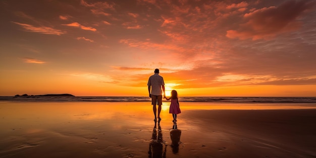 padre e figlia sulla spiaggia al tramonto