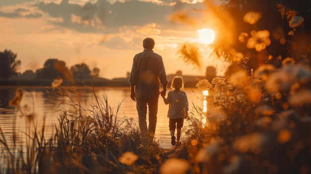 Padre e figlio a fare una passeggiata al tramonto sul lago