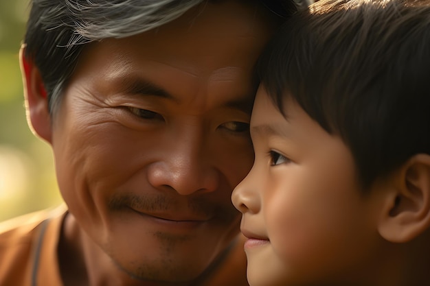 Padre e figlio asiatici felici che si guardano l'un l'altro nel parco IA generativa