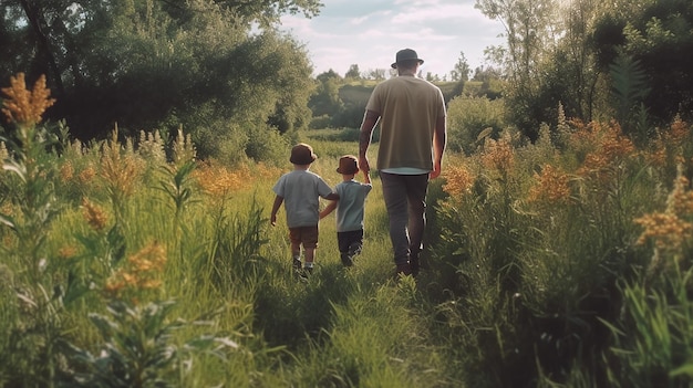 padre e figlio camminano nell'intelligenza artificiale generativa della natura