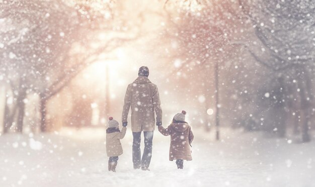 Padre e figlio che camminano in un paesaggio magico con la neve che cade Famiglia felice che si diverte all'aperto