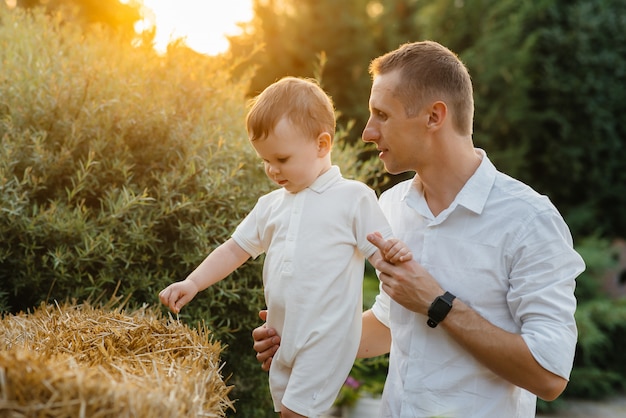 Padre e figlio che camminano nel parco al tramonto. Felicità. Amore