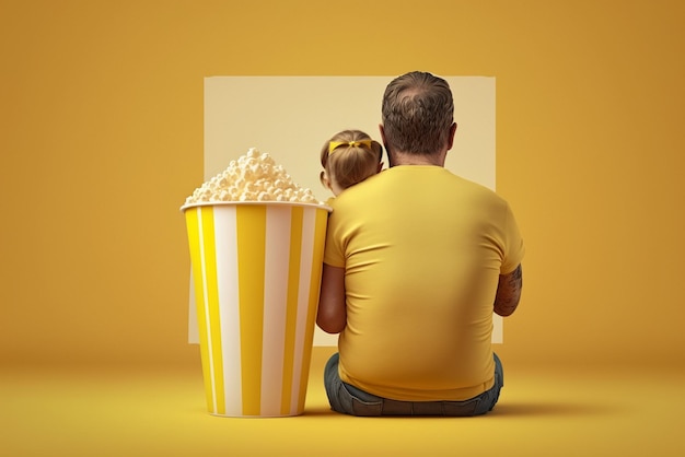 Padre e figlio che guardano film con popcorn su sfondo giallo Buon concetto di festa del papà