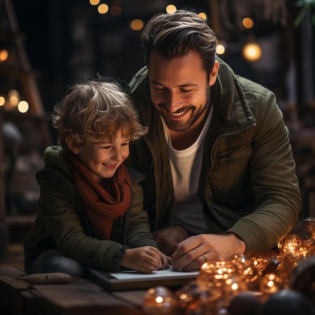 padre e figlio che si divertono sul cellulare