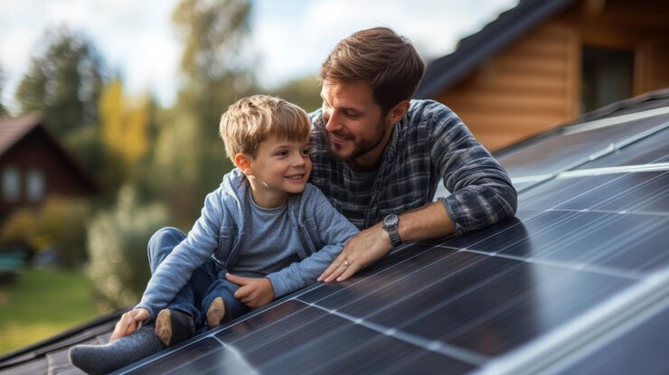 Padre e figlio che si legano vicino ai pannelli solari
