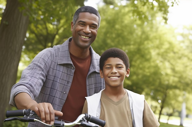 Padre e figlio con la bicicletta nel parco Padre felice con suo figlio all'aperto giorno di rilassamento attivo Generare ai