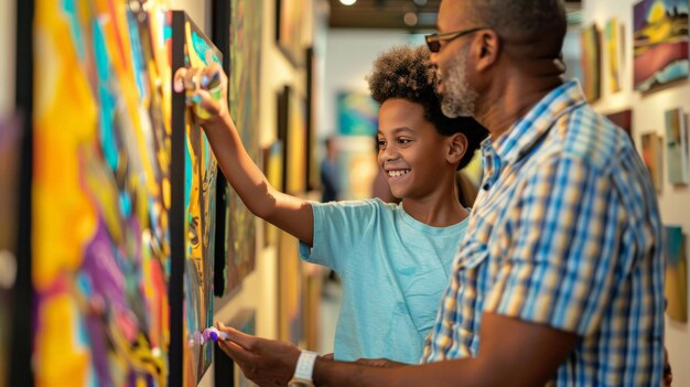 Padre e figlio condividono un momento mentre selezionano opere d'arte vibranti per la loro casa in una galleria locale