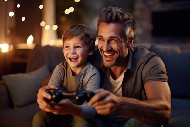 Padre e figlio giocano ai videogiochi