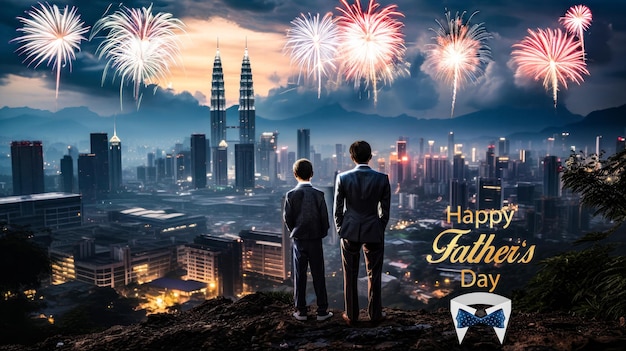 padre e figlio guardando i fuochi d'artificio di celebrazione di Kuala Lumpur nel cielo notturno Poster della festa del papà felice