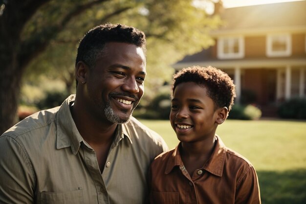 Padre e figlio insieme dopo che spiega la storia dei neri all'aperto