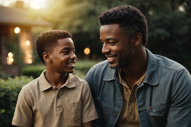 Padre e figlio insieme dopo che spiega la storia dei neri all'aperto