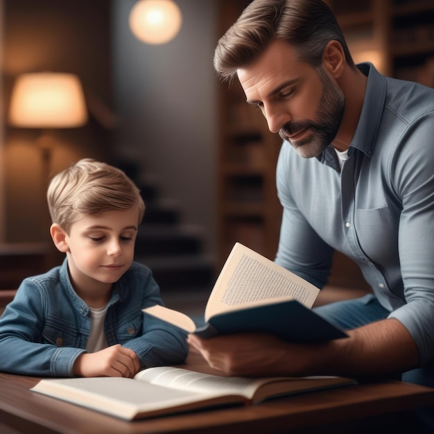 Padre e figlio leggono un libro seduti a tavola a casa Letture familiari che insegnano alla generazione più giovane