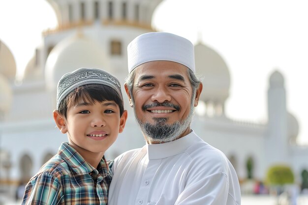 Padre e figlio musulmani sorridono alla telecamera davanti alla moschea