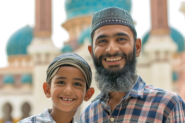 Padre e figlio musulmani sorridono alla telecamera davanti alla moschea
