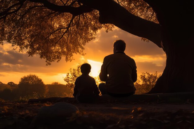 Padre e figlio nel parco al tramonto