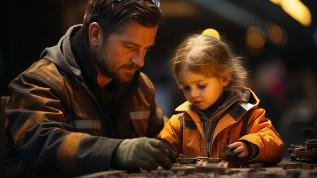 Padre e figlio piccoli operai edili in uniformi speciali