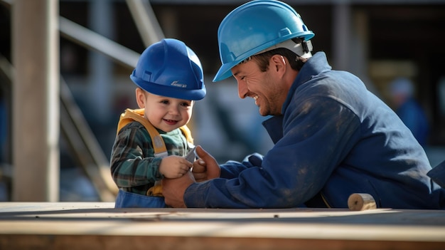 Padre e figlio piccolo che interpretano operai edili realistici in uniformi speciali in un cantiere edile